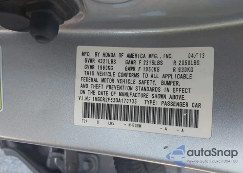 2013 Honda Accord Sport из США, поврежденный, VIN 1HGCR2F52DA170735